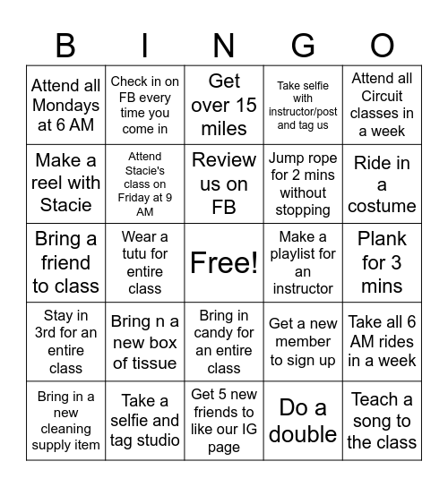 Cycle Barn Studio Bingo Card