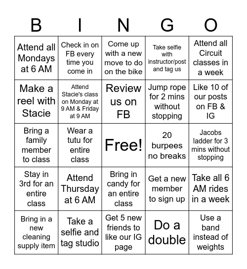 Cycle Barn Studio Bingo Card