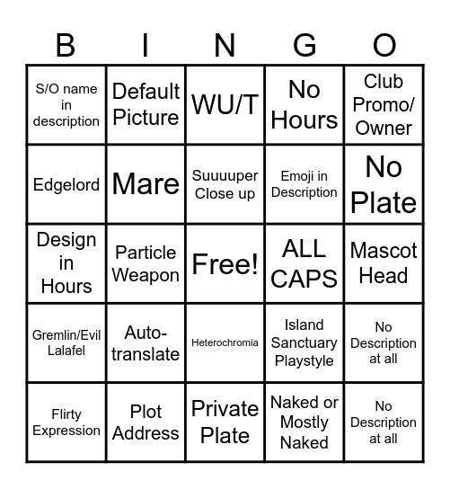 FFXIV Adventurer Plates Bingo Card