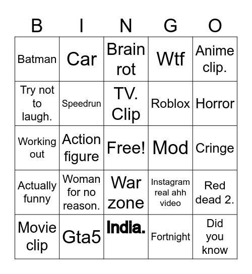YouTube shorts. Bingo Card