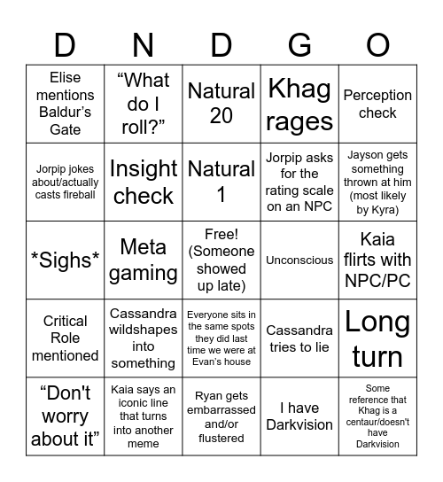Evan/DM Bingo Card
