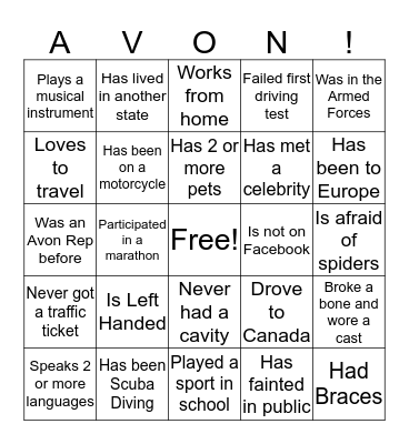 Avon Holiday Open House Bingo Card