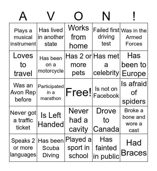 Avon Holiday Open House Bingo Card