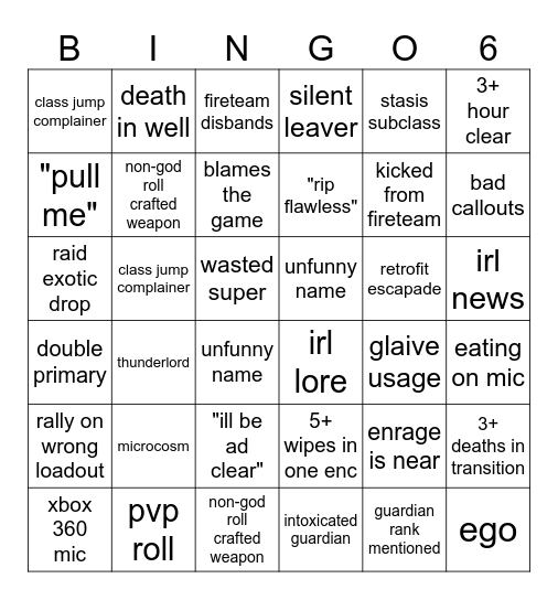 LFG Bingo 6x6 Bingo Card