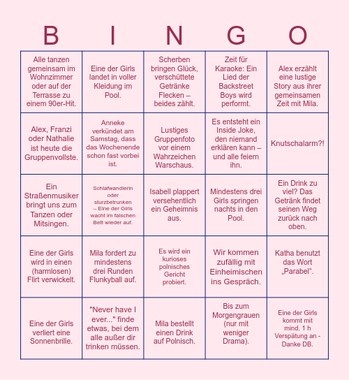 Mila's Bachelorette Party Bingo Card