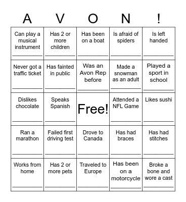 Avon Holiday Open House Bingo Card