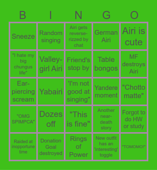Airi's 12 HR Stream Bingo Card