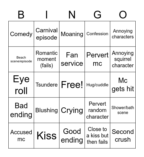 Romance anime Bingo Card