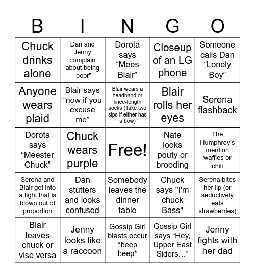 Gossip Girl Drinking Game Bingo Card