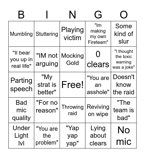 Toxic Raid Group w/LFG Bingo Card