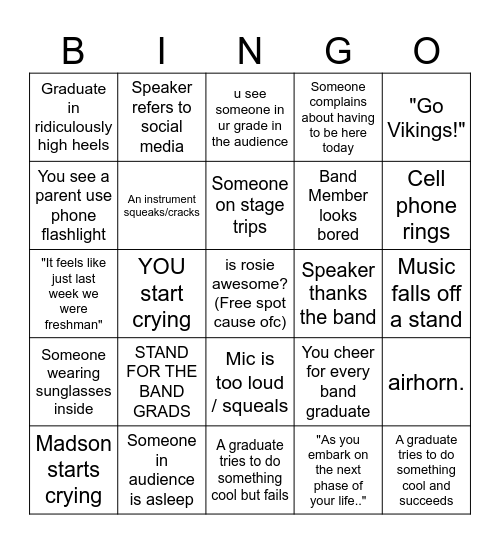 Selah BAND Graduation BINGO Card