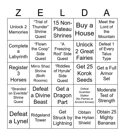 BotW Bingo Board Bingo Card