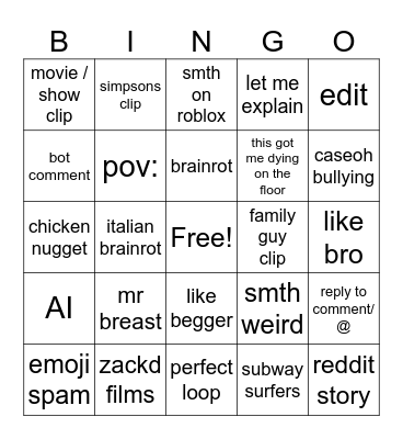 shorts bingo Card