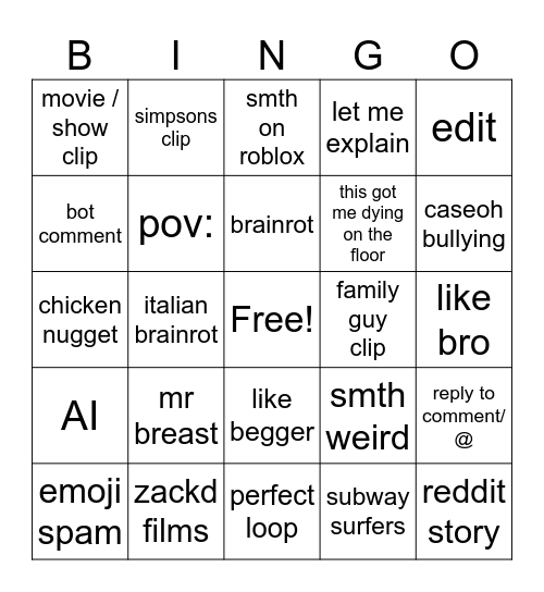 shorts bingo Card