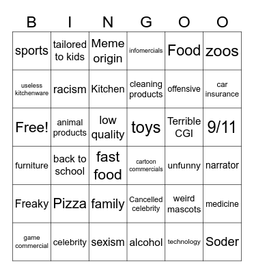 90s commercials Bingo Card
