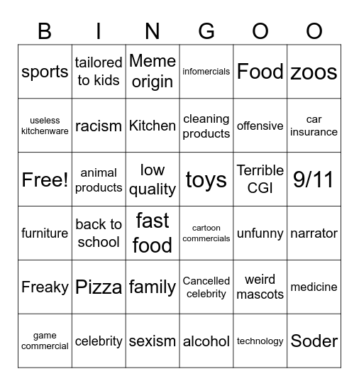 90s commercials Bingo Card
