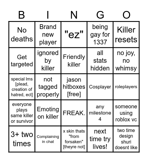 forsaken bingo Card