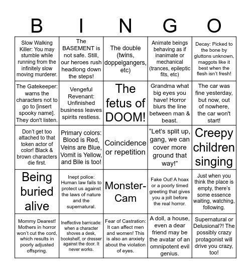 Horror Trope Bingo Card