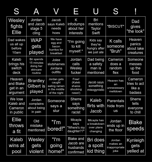 Family Vacation Bingo Card