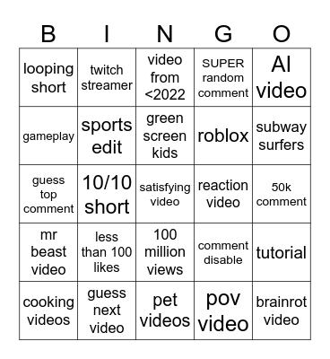 Youtube short Bingo Card