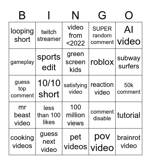 Youtube short Bingo Card
