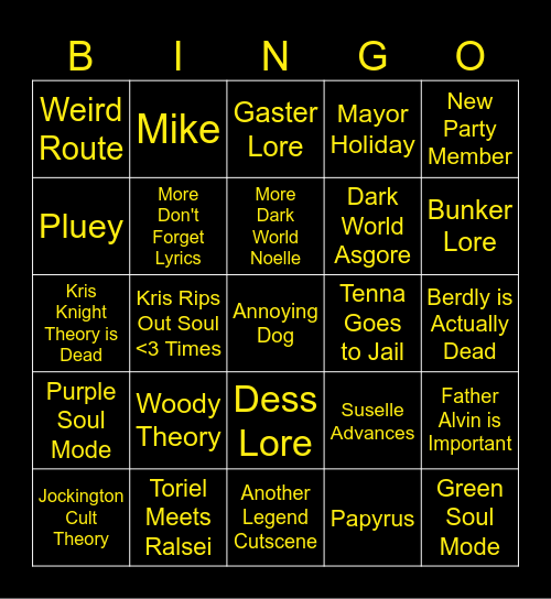 Deltarune Chapters 3+4 Bingo Card