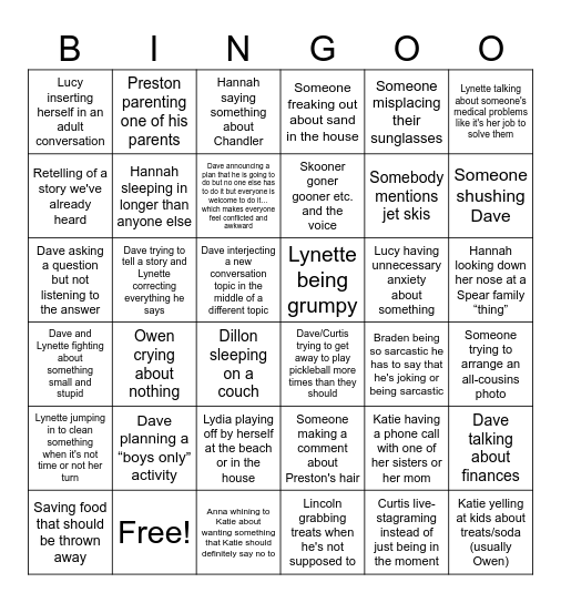 Spear Family Bingo Card