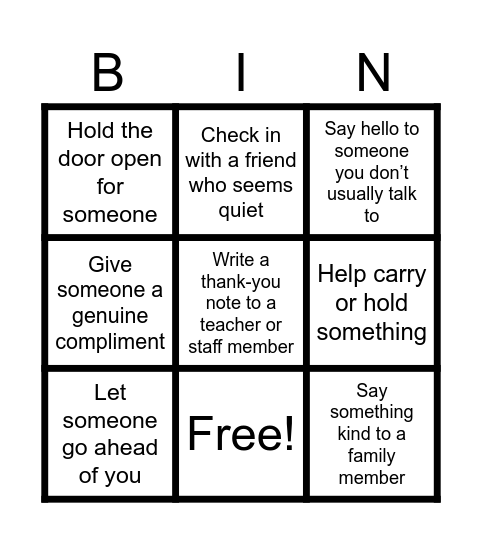 Kindness Bingo Card