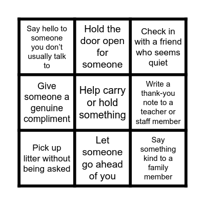 Kindness Bingo Card
