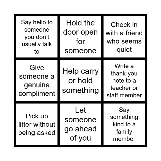 Kindness Bingo Card