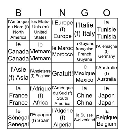 Les Pays Bingo Card
