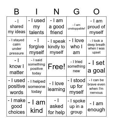 Self- Worth Bingo Card