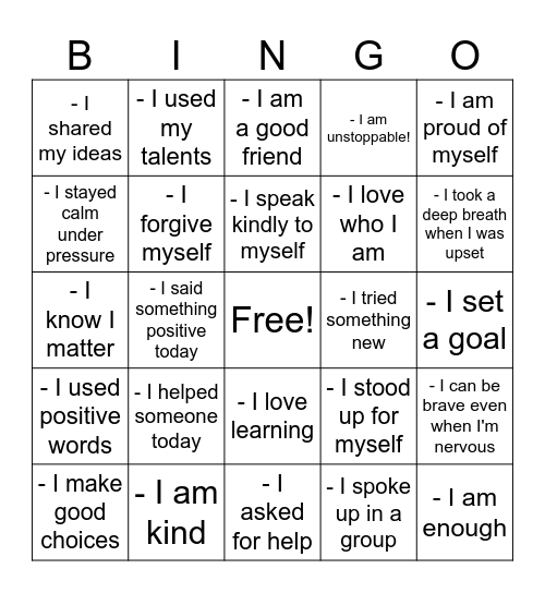 Self- Worth Bingo Card