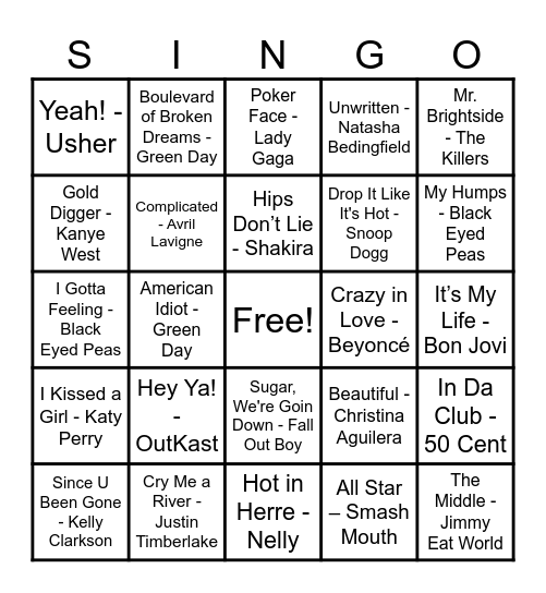 2000’s Hits Bingo Card