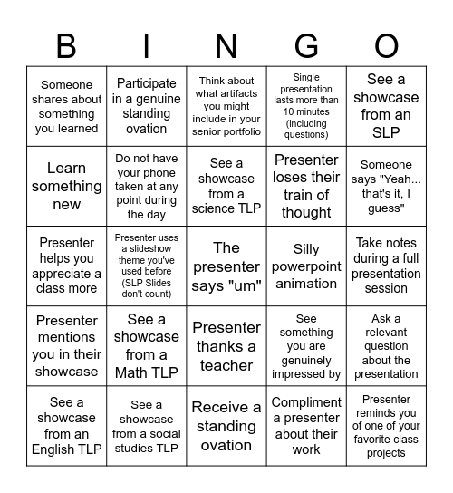End of Year Showcase Bingo Card