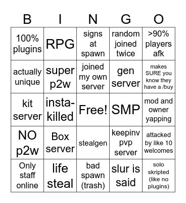 Generic Minehut servers Bingo Card