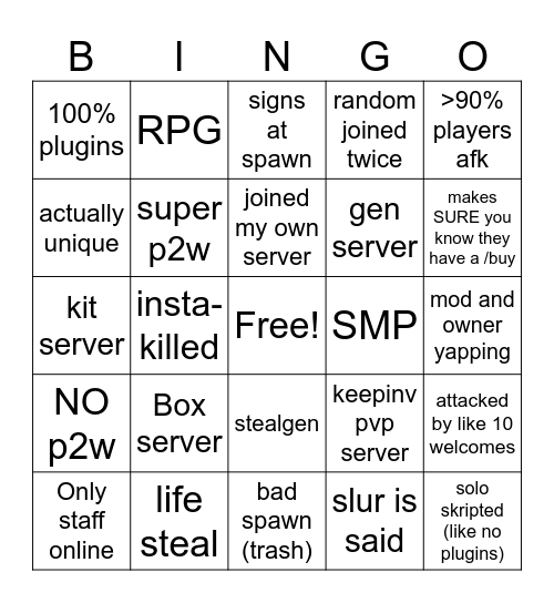 Generic Minehut servers Bingo Card