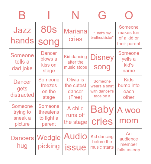 Recital Bingo Card