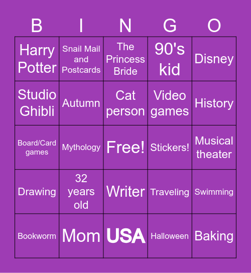 Penpal Bingo Card