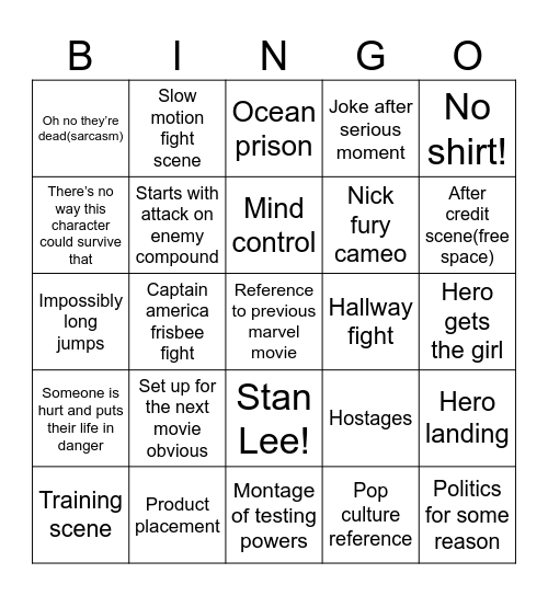 Marvel Movie Bingo Card