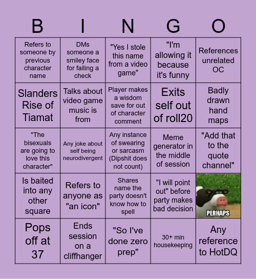 Camille Runs Homebrew 1.0 Bingo Card