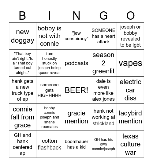 king of the hill Bingo Card