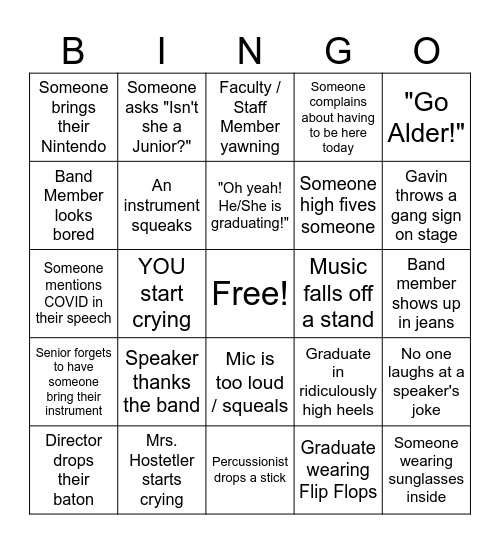 BAND Graduation BINGO Card