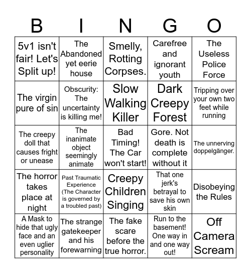 Horror Trope Bingo Card