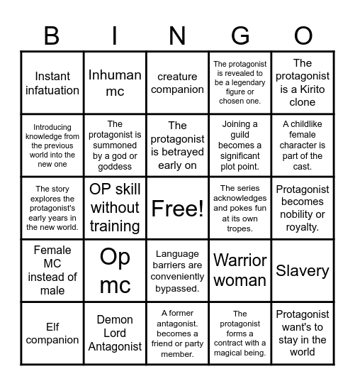 Isekai Bingo Card