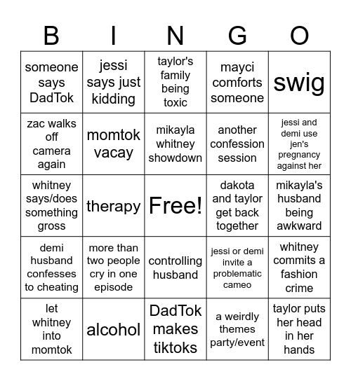 The Secret Lives of Mormon Wives Bingo Card