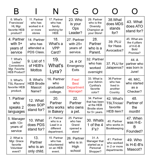 H-E-B Bingo Card