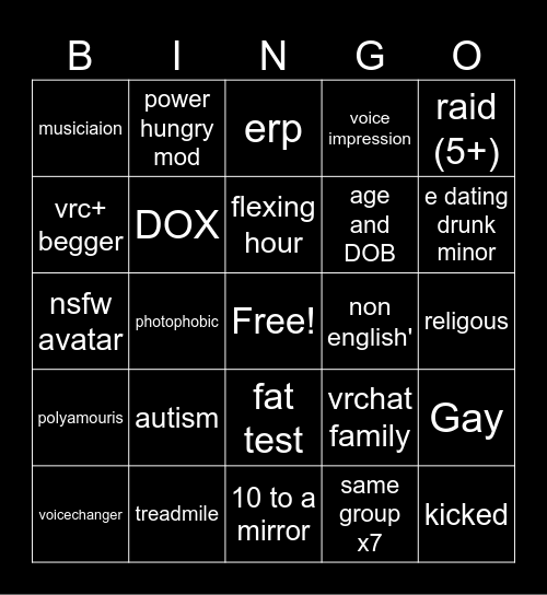 Vrchat Bingo Card