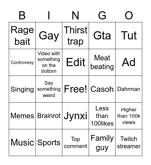 U tube shrots Bingo Card
