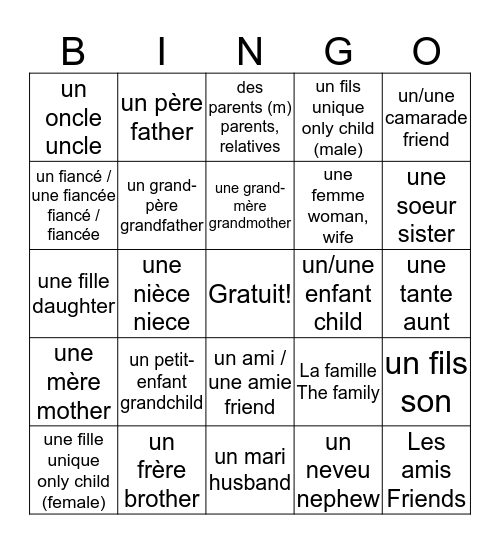 La Famille Bingo Card